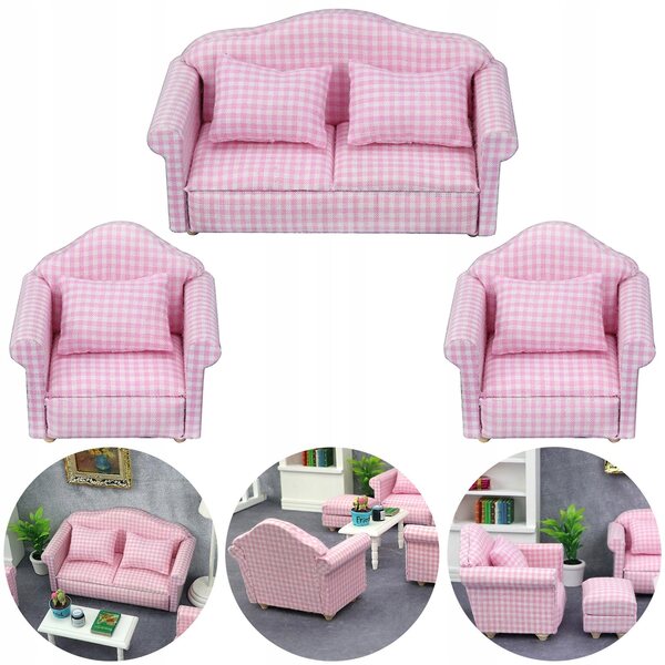 1:12 Puppenhaus Vintage Minisofa mit rosa und weiß kariertem Kissen