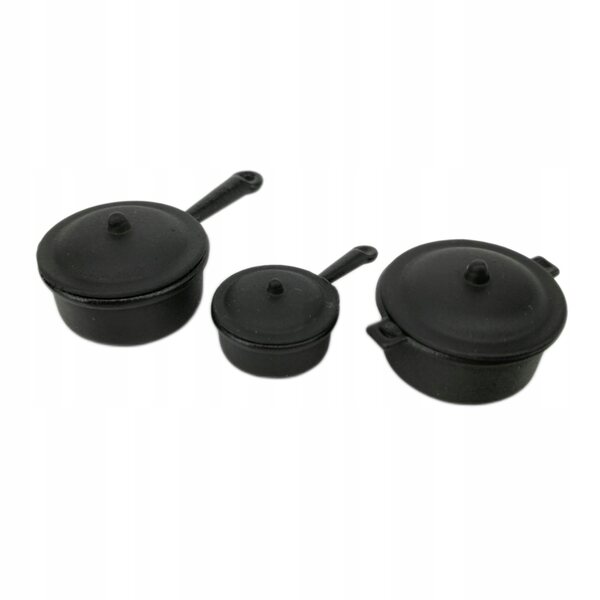 Set di 3 Pentole in Legno Nero per Cucina Dollhouse 1/12 Decorazione Elegante