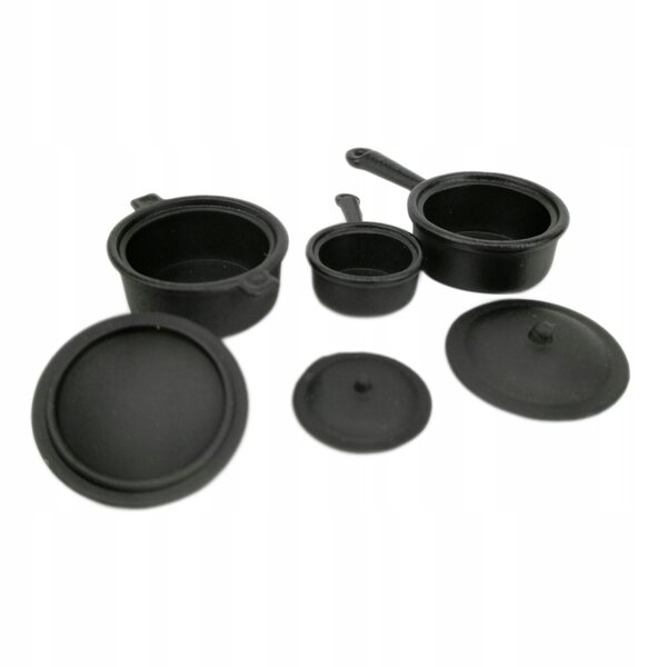 Set di 3 Pentole in Legno Nero per Cucina Dollhouse 1/12 Decorazione Elegante