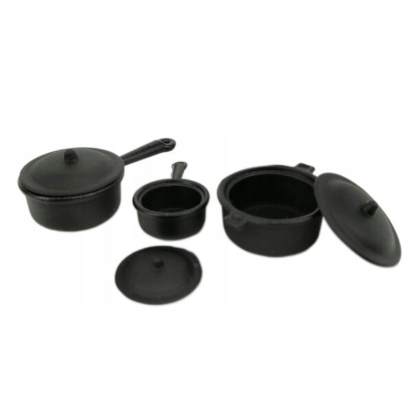 Set di 3 Pentole in Legno Nero per Cucina Dollhouse 1/12 Decorazione Elegante