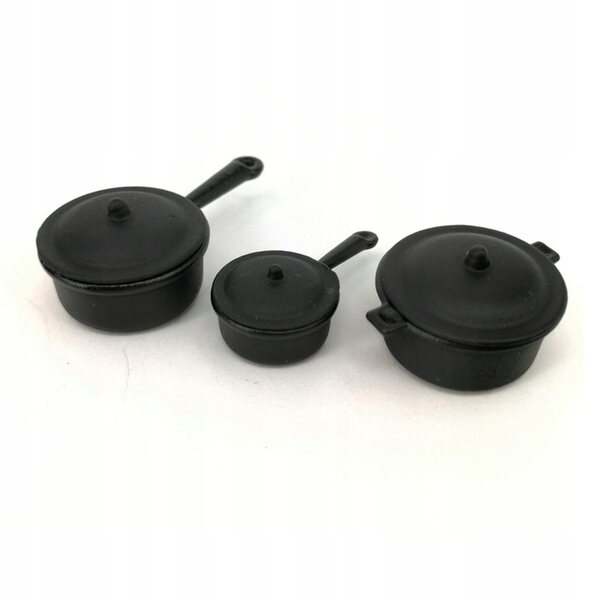Set di 3 Pentole in Legno Nero per Cucina Dollhouse 1/12 Decorazione Elegante