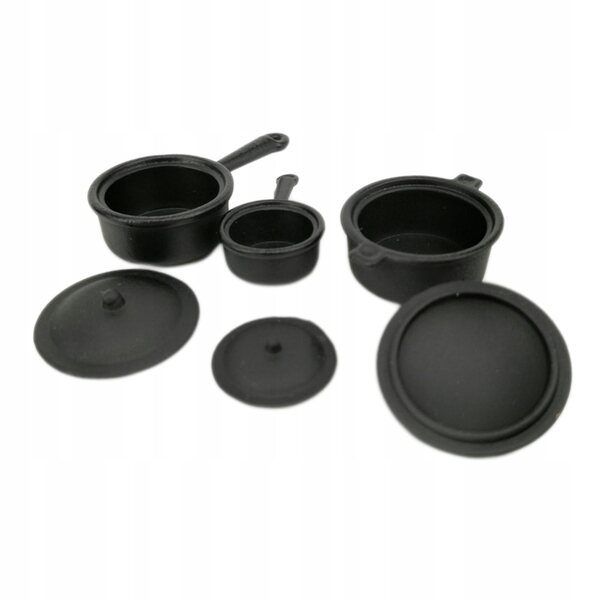 Set di 3 Pentole in Legno Nero per Cucina Dollhouse 1/12 Decorazione Elegante