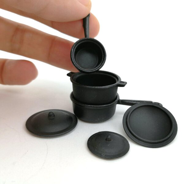 Set di 3 Pentole in Legno Nero per Cucina Dollhouse 1/12 Decorazione Elegante