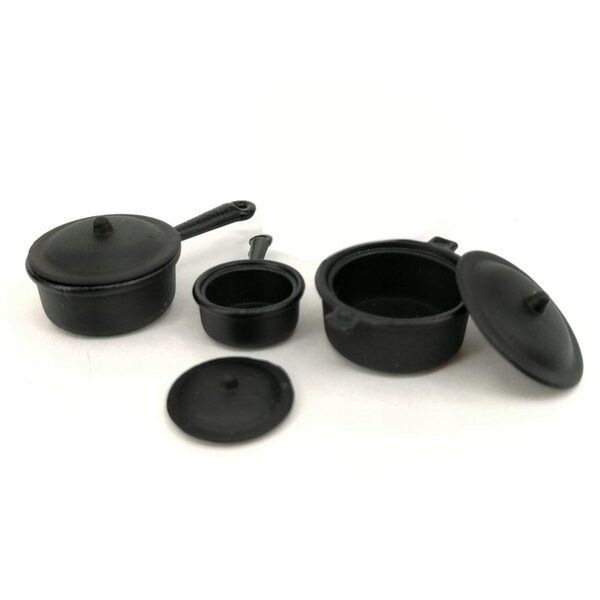 Set di 3 Pentole in Legno Nero per Cucina Dollhouse 1/12 Decorazione Elegante