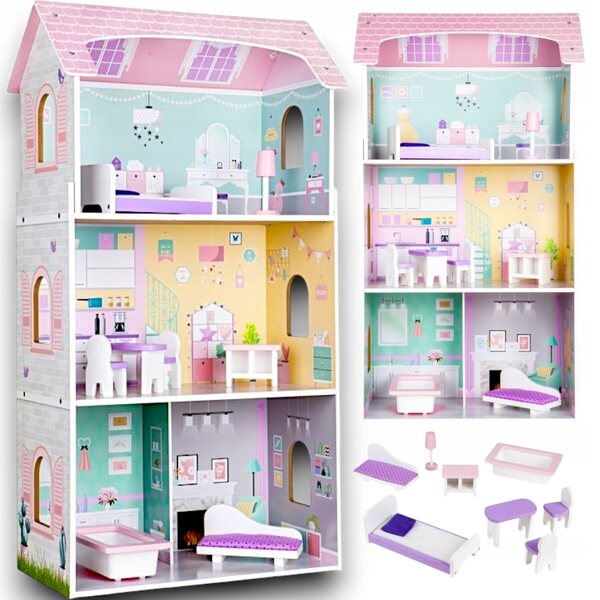 Dollhouse in Legno Grande con Mobili e Accessori - Casa Giocattolo a 3 Piani