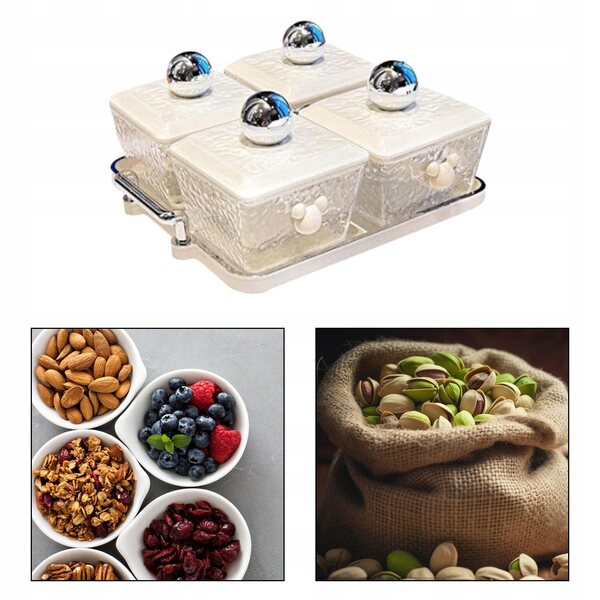 Houten taca met 4 vakken en deksel voor het serveren van snacks en gedroogd fruit