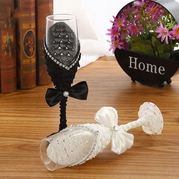 Set 2 calici da champagne decorati per matrimonio e feste eleganti in vetro