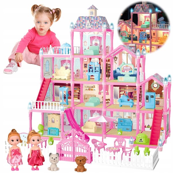 Eine Puppenvilla mit Terrasse, Möbeln und Lichteffekten, ein perfektes Geschenk