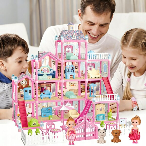 Eine Puppenvilla mit Terrasse, Möbeln und Lichteffekten, ein perfektes Geschenk