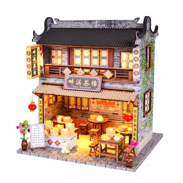 1:24 Miniatur-Puppenhaus-Teestube aus Holz zum Selbermachen mit LED