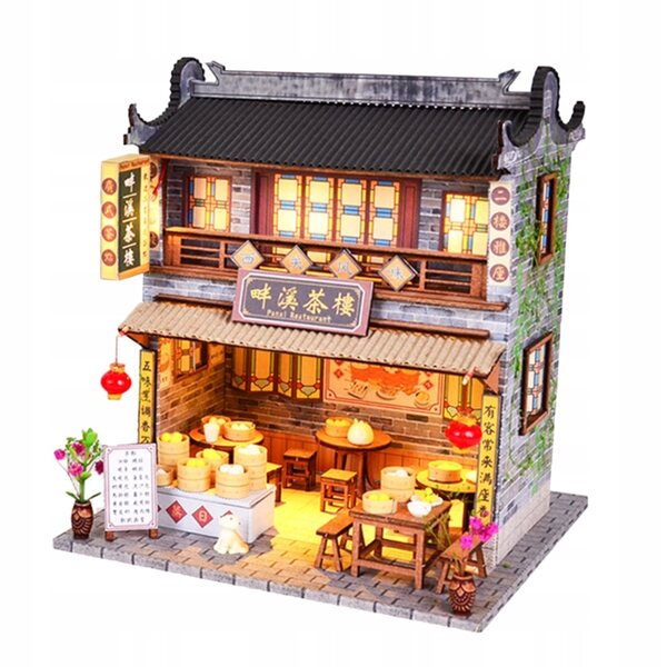1:24 Miniatur-Puppenhaus-Teestube aus Holz zum Selbermachen mit LED