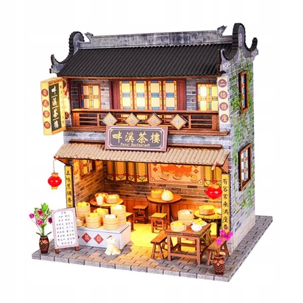 1:24 Miniatur-Puppenhaus-Teestube aus Holz zum Selbermachen mit LED
