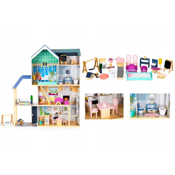 Grande casa delle bambole in legno con 28 mobili e 7 stanze, 138 cm