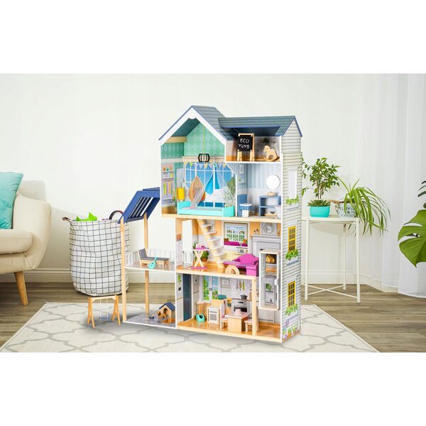 Grande casa delle bambole in legno con 28 mobili e 7 stanze, 138 cm