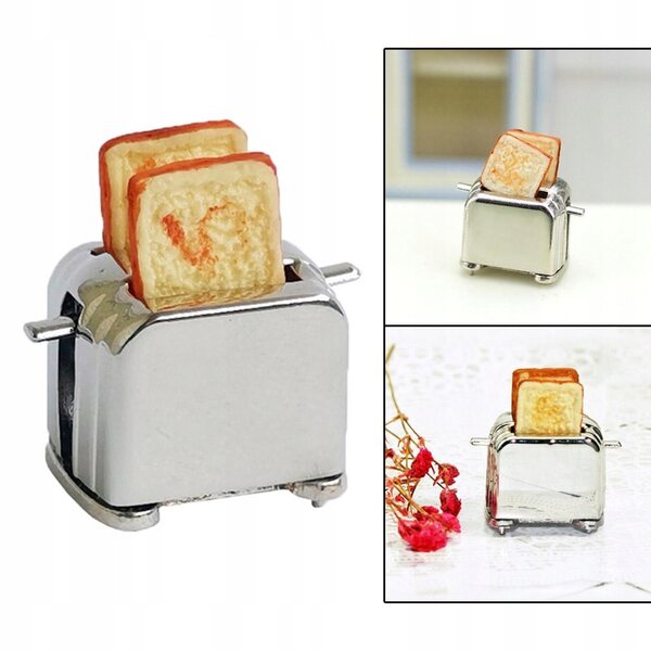 1:12 Puppenhaus Miniatur-Toaster aus Holz, silbernes Design