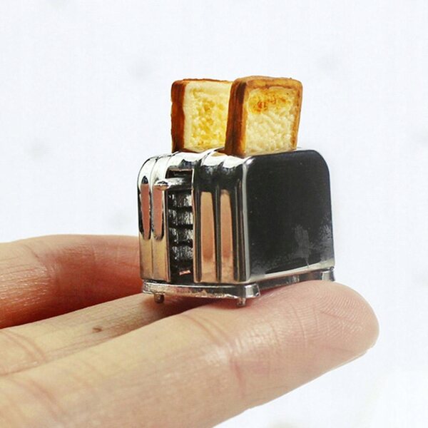1:12 Puppenhaus Miniatur-Toaster aus Holz, silbernes Design