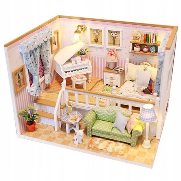 Habarri DIY Puppenhaus aus Holz mit LED-Lichtern und Zubehör, 12,3 cm
