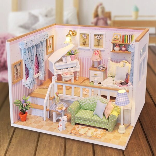 Habarri DIY Puppenhaus aus Holz mit LED-Lichtern und Zubehör, 12,3 cm
