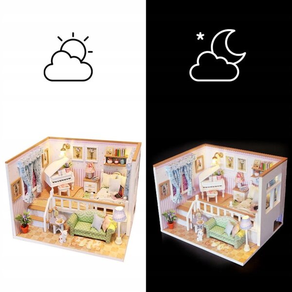 Habarri DIY Puppenhaus aus Holz mit LED-Lichtern und Zubehör, 12,3 cm