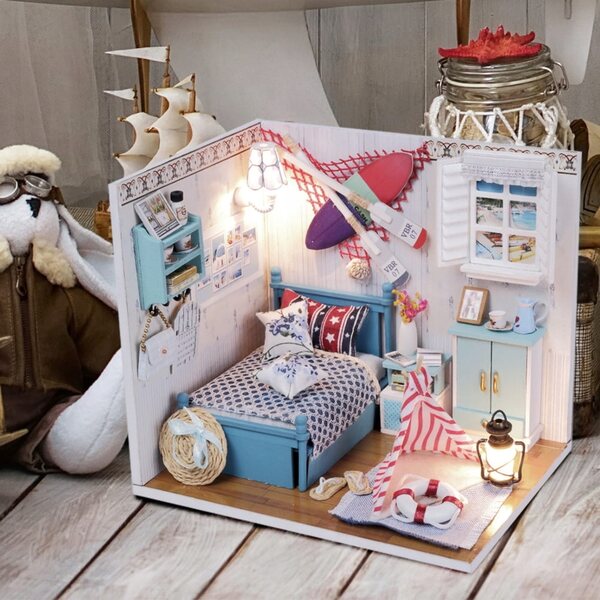 Habarri DIY 12,2 cm Puppenhaus mit LED im Marine-Stil für Kinder ab 7 Jahren