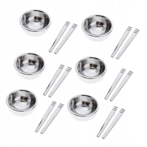 1/12 Puppenhaus Miniatur-Set mit metallischen Schüsseln und Essstäbchen, Silber