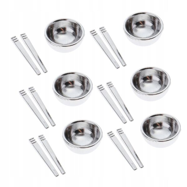 1/12 Puppenhaus Miniatur-Set mit metallischen Schüsseln und Essstäbchen, Silber
