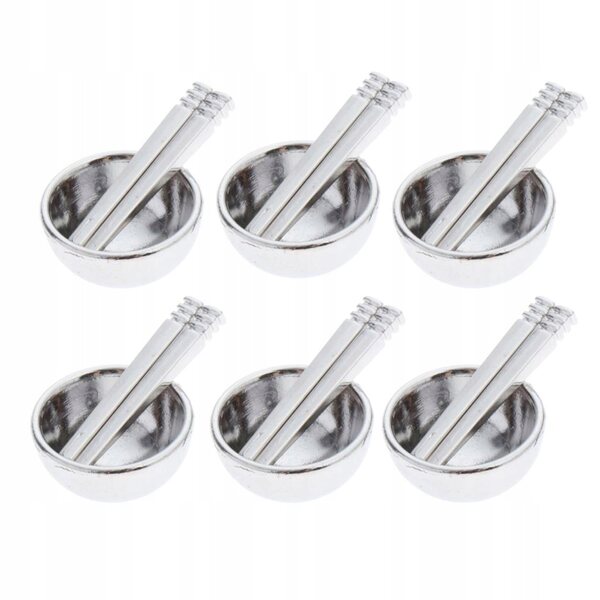 1/12 Puppenhaus Miniatur-Set mit metallischen Schüsseln und Essstäbchen, Silber