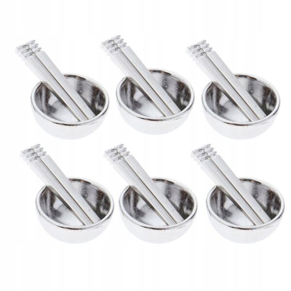 1/12 Puppenhaus Miniatur-Set mit metallischen Schüsseln und Essstäbchen, Silber