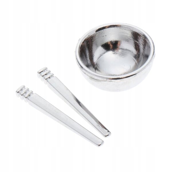 1/12 Puppenhaus Miniatur-Set mit metallischen Schüsseln und Essstäbchen, Silber