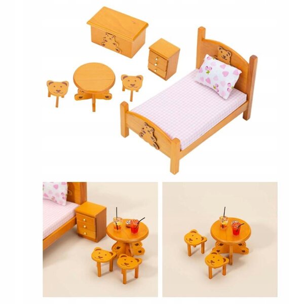Set Mobili Miniatura in Legno per Casa delle Bambole Scala 1:12 - Camera da Letto Rosa