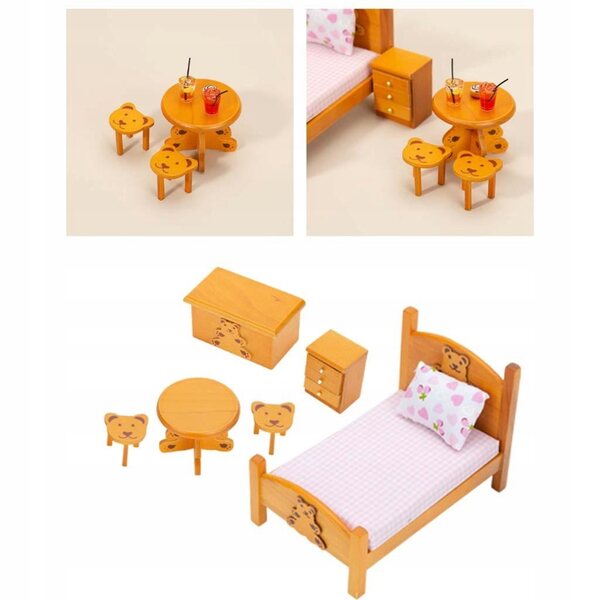Set Mobili Miniatura in Legno per Casa delle Bambole Scala 1:12 - Camera da Letto Rosa