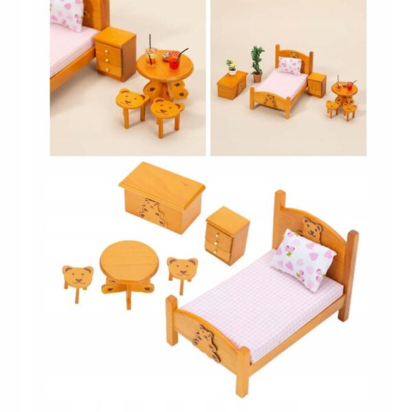 Set Mobili Miniatura in Legno per Casa delle Bambole Scala 1:12 - Camera da Letto Rosa