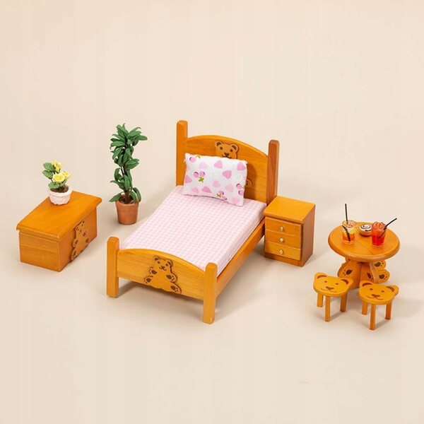 Set Mobili Miniatura in Legno per Casa delle Bambole Scala 1:12 - Camera da Letto Rosa