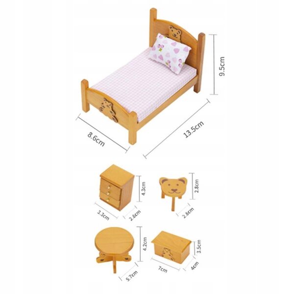 Set Mobili Miniatura in Legno per Casa delle Bambole Scala 1:12 - Camera da Letto Rosa