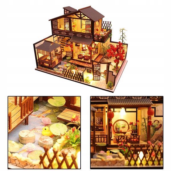 DIY Drewniany domek dla lalek Zestaw miniatur rzemieślniczych z meblami, zrób to sam