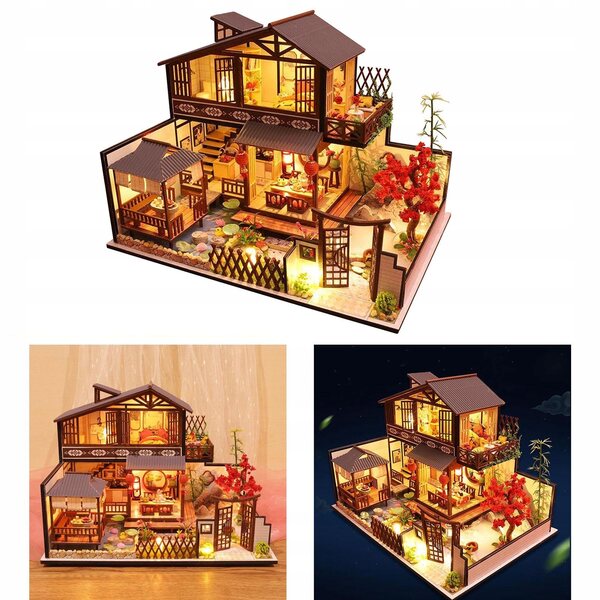 DIY Drewniany domek dla lalek Zestaw miniatur rzemieślniczych z meblami, zrób to sam