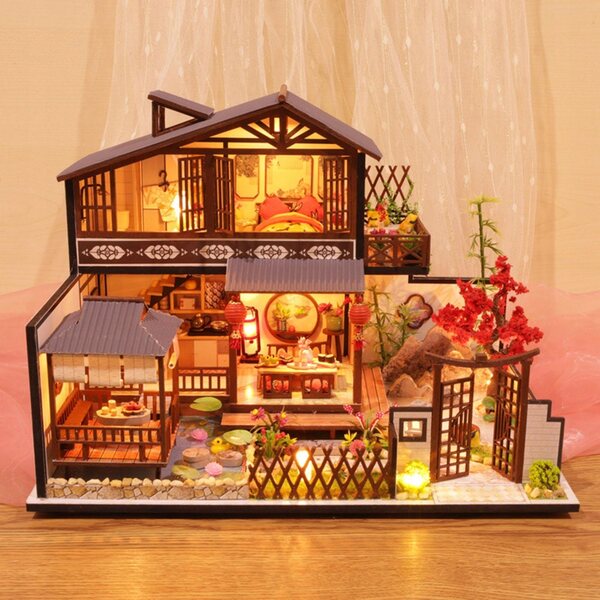DIY Drewniany domek dla lalek Zestaw miniatur rzemieślniczych z meblami, zrób to sam