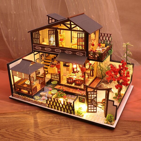 DIY Drewniany domek dla lalek Zestaw miniatur rzemieślniczych z meblami, zrób to sam