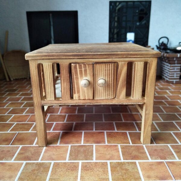 1:12 Mini-Holztisch für Puppenhaus, Miniaturmöbel mit Doppelregal