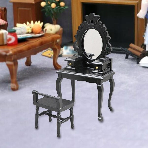 1/12 Miniatur-Schminktisch-Set aus Holz mit Kommode und schwarzem Hocker