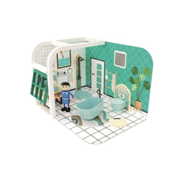 Dollhouse Joueco bagno in legno e plastica con mobili e accessori, 25x18x18 cm