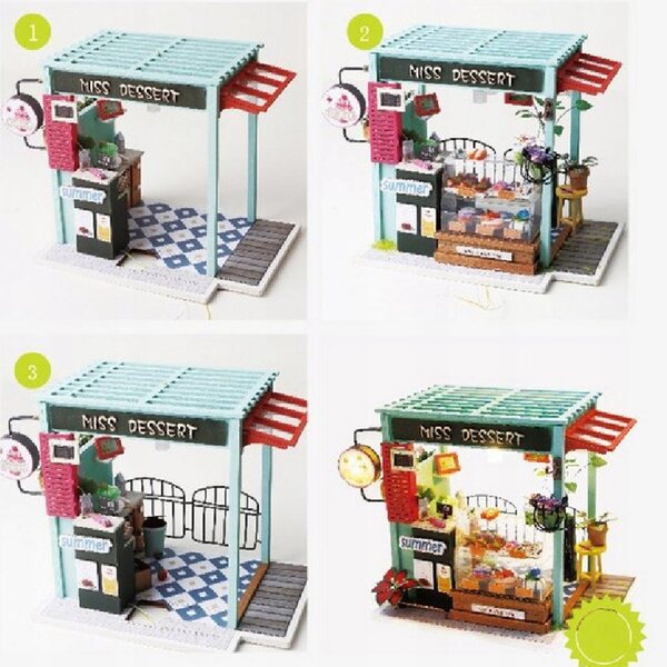 DIY Puppenhaus-Miniatur aus Holz mit Dessertzubehör und LED-Lichtern