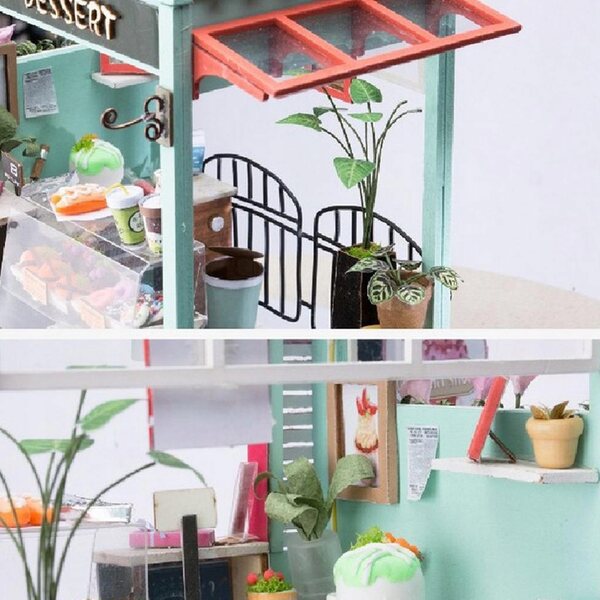 DIY Puppenhaus-Miniatur aus Holz mit Dessertzubehör und LED-Lichtern