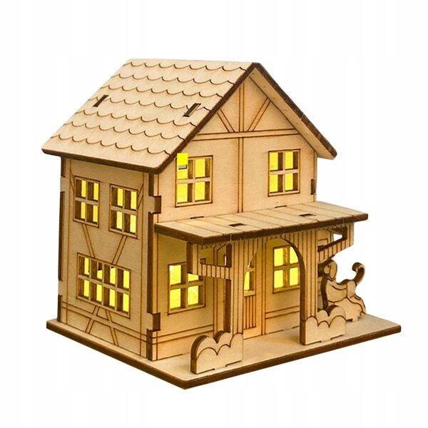 Decorazione Natalizia Casa in Legno Non Verniciata con Luci LED 9,8x7,5x9,3 cm