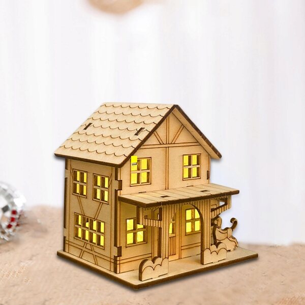Decorazione Natalizia Casa in Legno Non Verniciata con Luci LED 9,8x7,5x9,3 cm