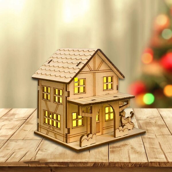 Decorazione Natalizia Casa in Legno Non Verniciata con Luci LED 9,8x7,5x9,3 cm