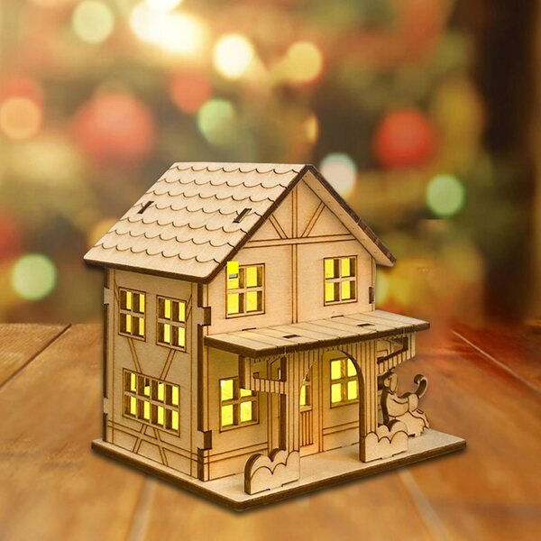 Decorazione Natalizia Casa in Legno Non Verniciata con Luci LED 9,8x7,5x9,3 cm