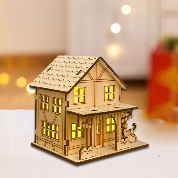 Decorazione Natalizia Casa in Legno Non Verniciata con Luci LED 9,8x7,5x9,3 cm