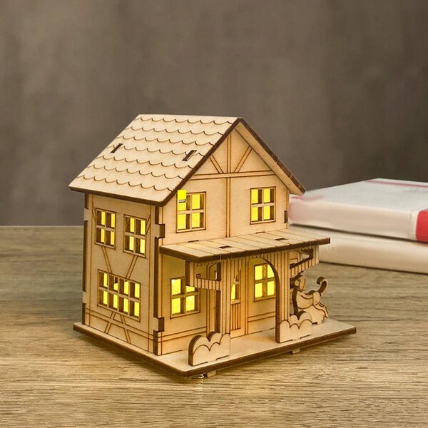 Decorazione Natalizia Casa in Legno Non Verniciata con Luci LED 9,8x7,5x9,3 cm