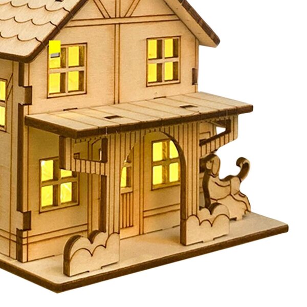 Decorazione Natalizia Casa in Legno Non Verniciata con Luci LED 9,8x7,5x9,3 cm